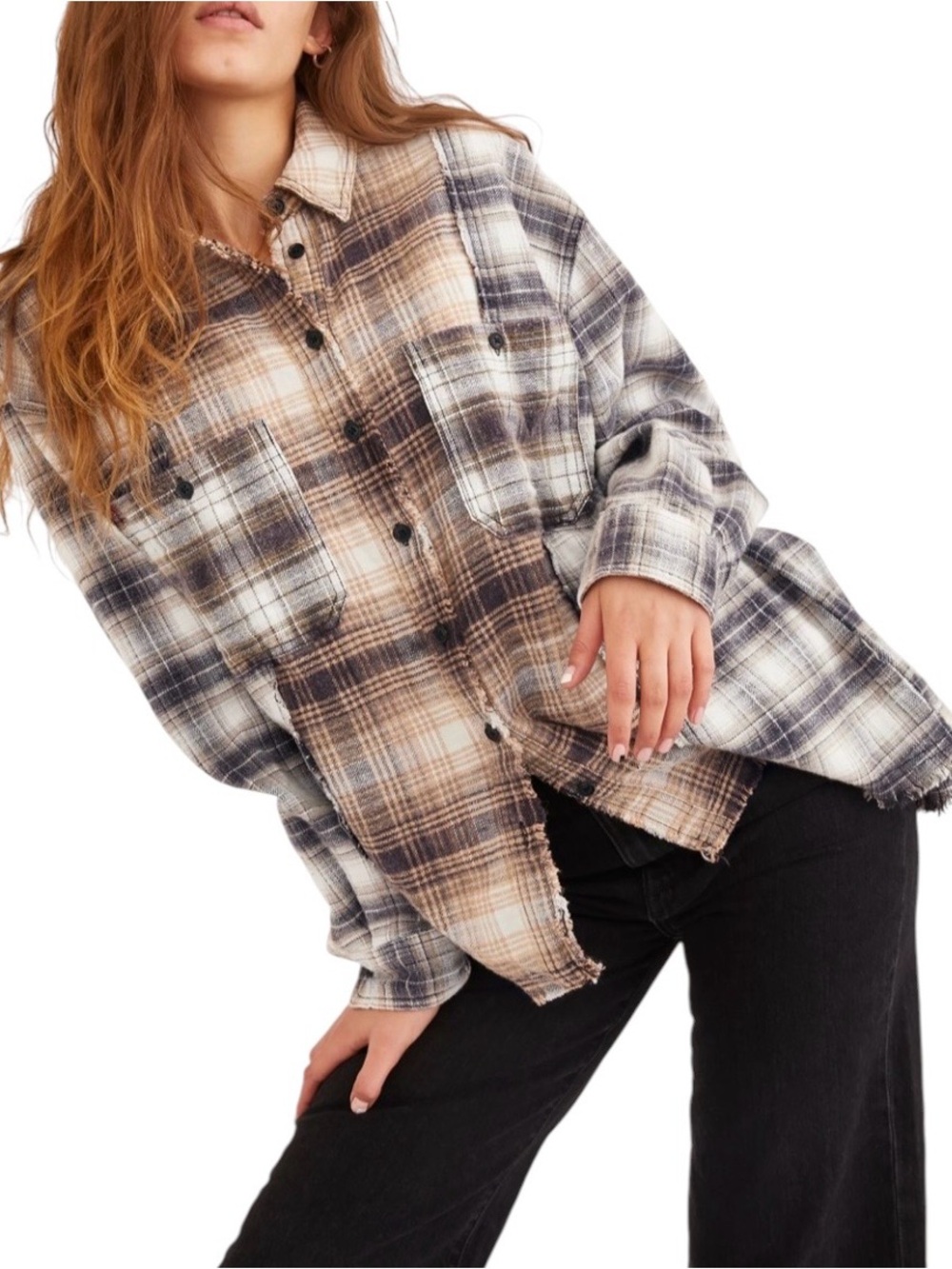 Urban Outfitters Plaid Flannel Shirt Oversized Mixed Media Brown S